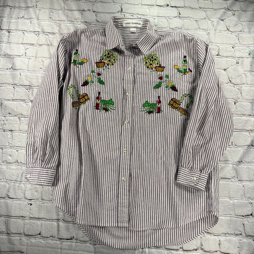 VTG Casey Coleman Vineyard Wine Embroidered Pinstripe Blouse Size L  A